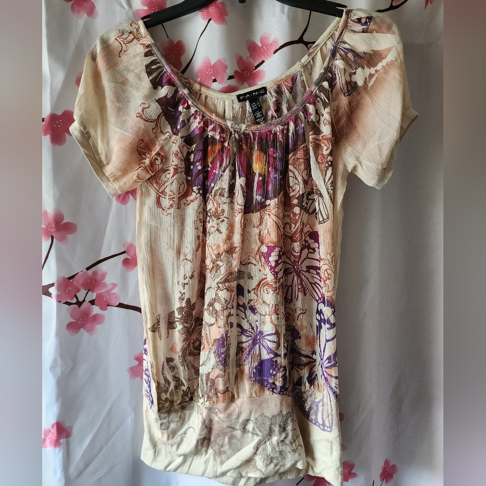 New Without Tags F.A.N.G Sheer Beige Butterfly Floral Tunic Size Small